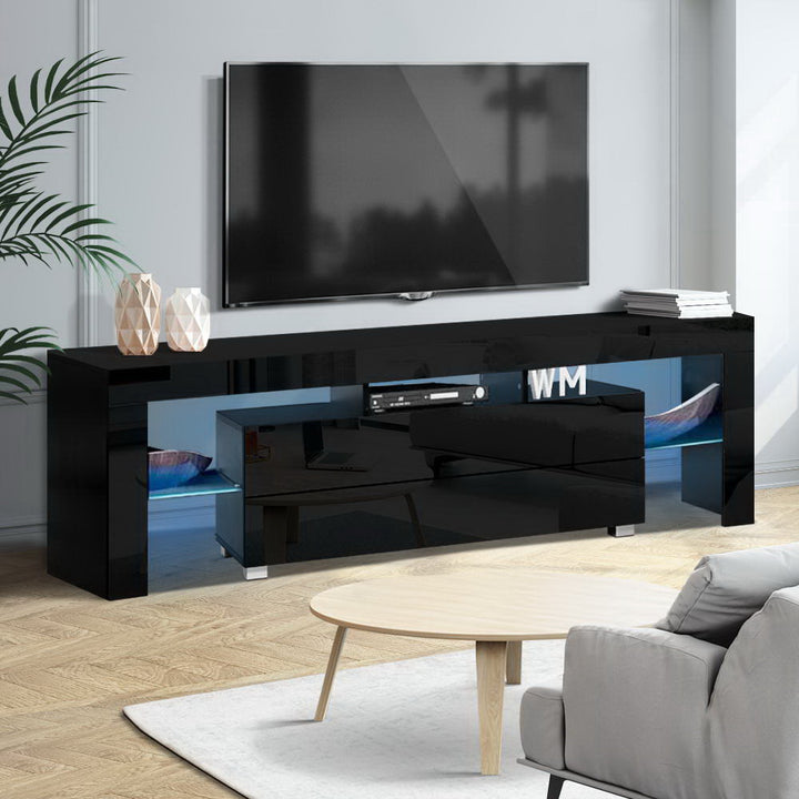 Elo Black LED TV Entertainment Unit – Tempered Glass Shelves, LED Lighting &amp; High Gloss Finish | 160cm - Greenora Living