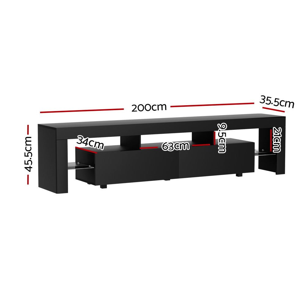 Elo RGB LED TV Unit | 200cm High Gloss Black, RGB Lighting &amp; Tempered Glass Shelf | Greenora Living Australia