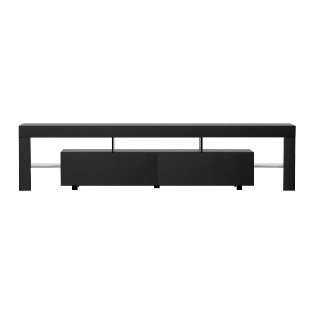 Elo RGB LED TV Unit | 200cm High Gloss Black, RGB Lighting &amp; Tempered Glass Shelf | Greenora Living Australia