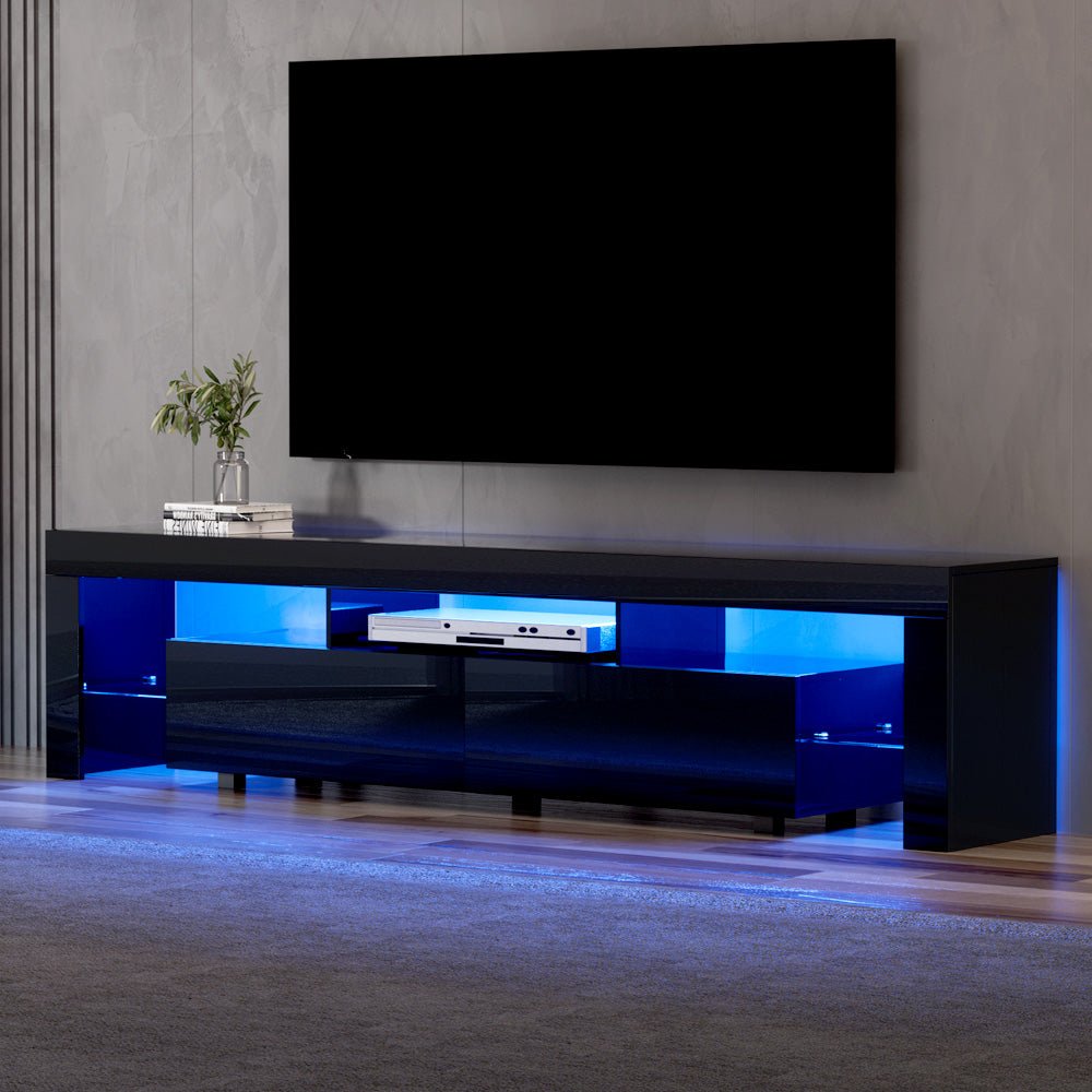 Elo RGB LED TV Unit | 200cm High Gloss Black, RGB Lighting & Tempered Glass Shelf | Greenora Living Australia