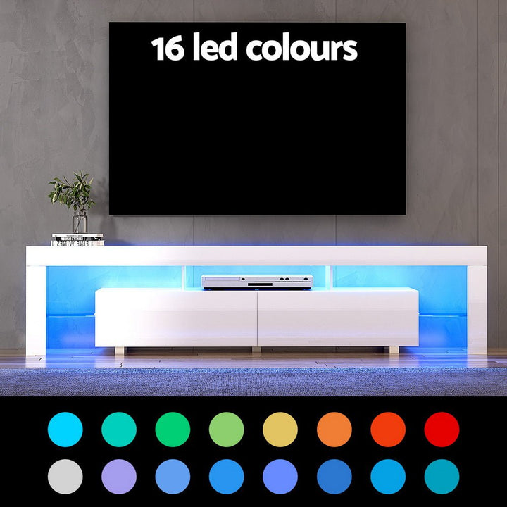White RGB LED TV Entertainment Unit 200cm High Gloss Open Shelves | Greenora Living Australia