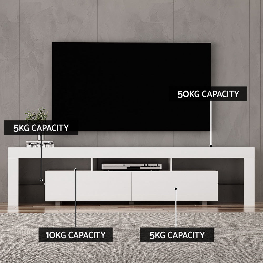 White RGB LED TV Entertainment Unit 200cm High Gloss Open Shelves | Greenora Living Australia