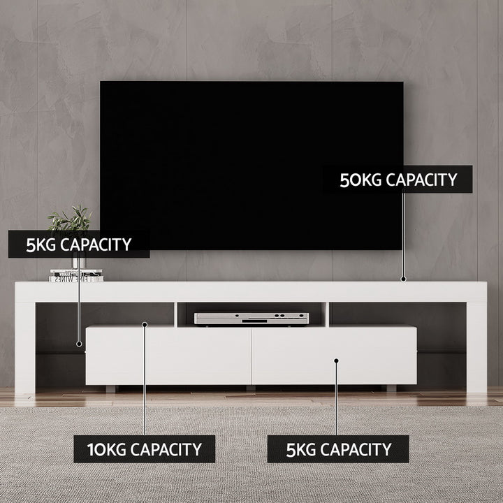 White RGB LED TV Entertainment Unit 200cm High Gloss Open Shelves | Greenora Living Australia
