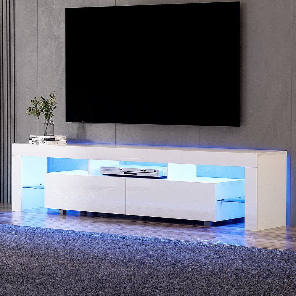 White RGB LED TV Entertainment Unit 200cm High Gloss Open Shelves | Greenora Living Australia