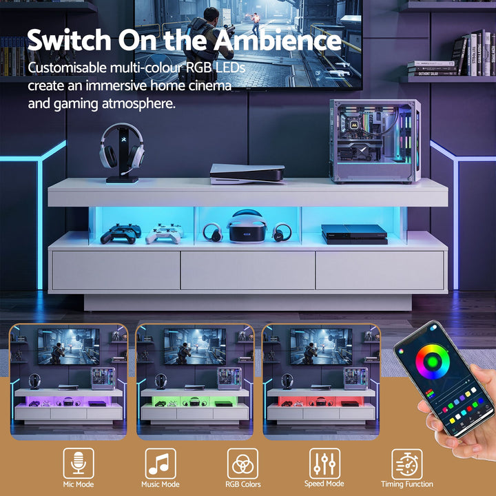 White App-Controlled RGB LED TV Unit 160cm Push-Open Drawers | Greenora Living Australia