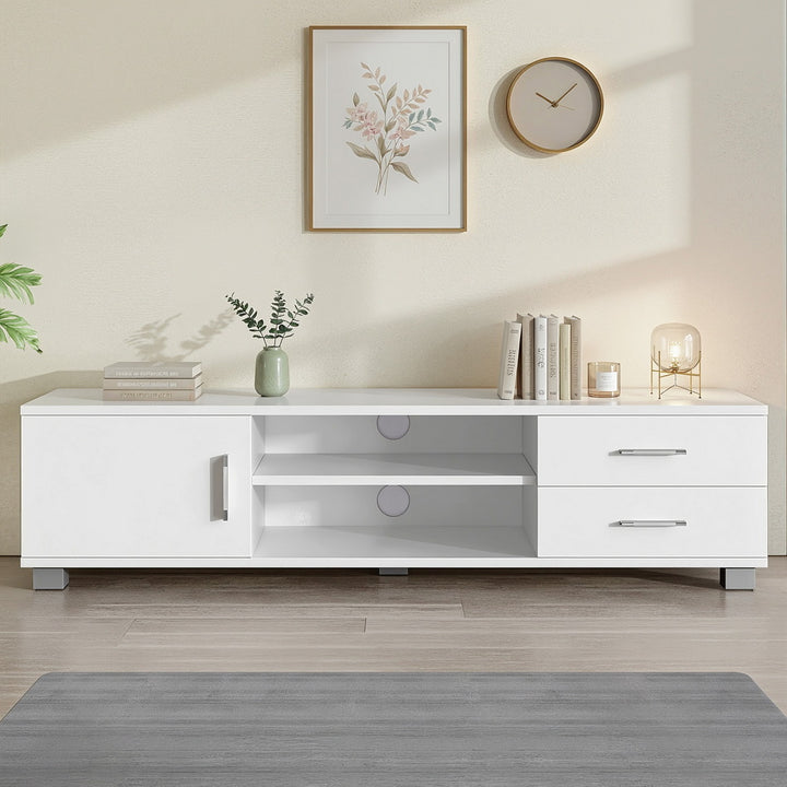 Dylan White TV Entertainment Unit – 1 Cabinet, 2 Drawers, 2 Open Shelves &amp; Aluminium Handles | Melamine | 120cm - Greenora Living