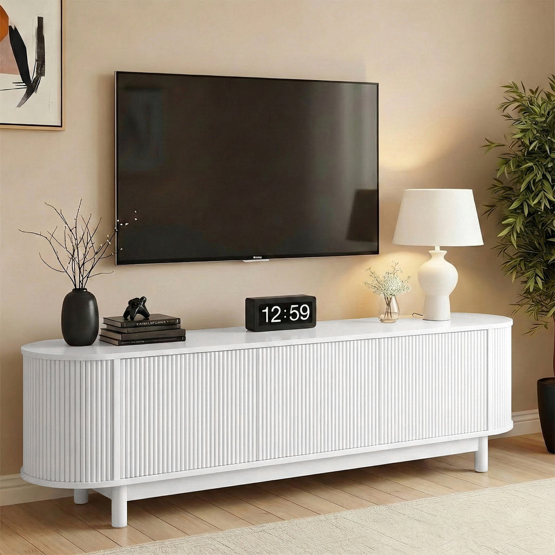 Pearl Flute 160cm White TV Unit – Push-to-Open Cabinets & Soft-Close Hinges - Greenora Living