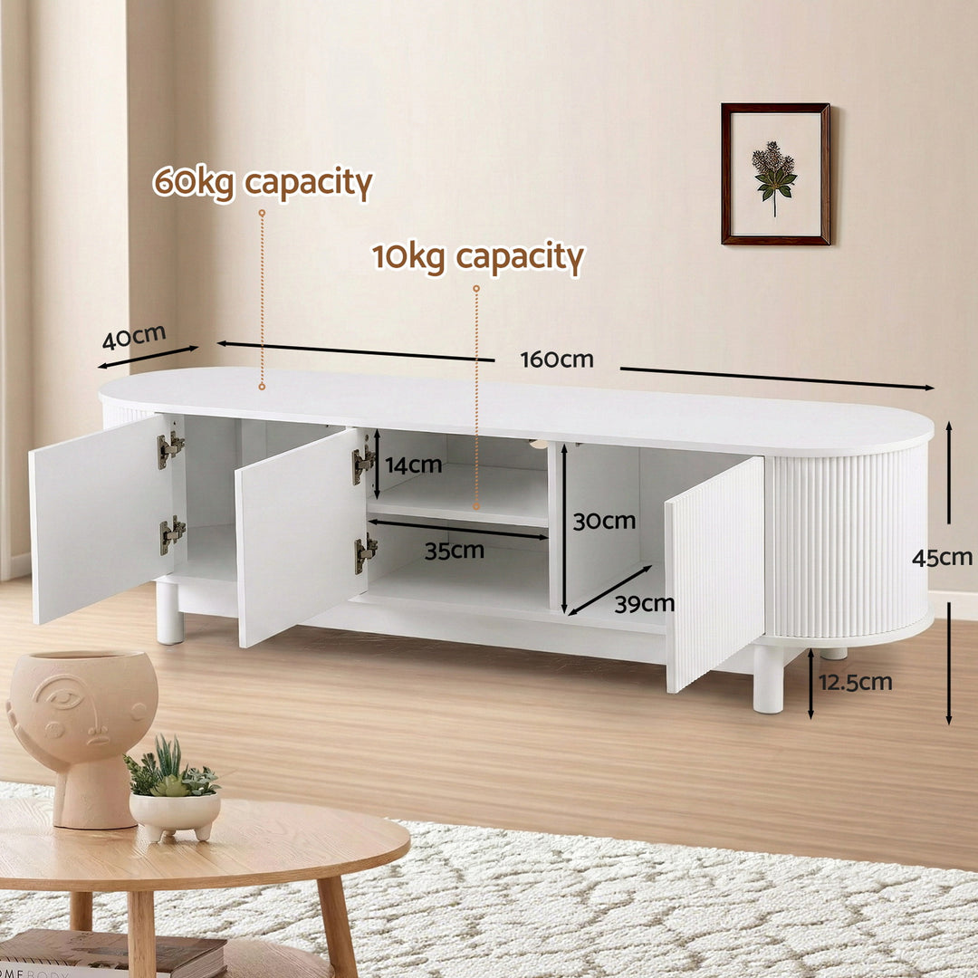 Pearl Flute 160cm White TV Unit – Push-to-Open Cabinets &amp; Soft-Close Hinges - Greenora Living