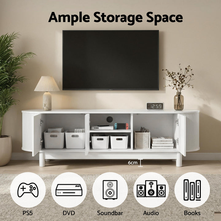 Pearl Flute 160cm White TV Unit – Push-to-Open Cabinets &amp; Soft-Close Hinges - Greenora Living