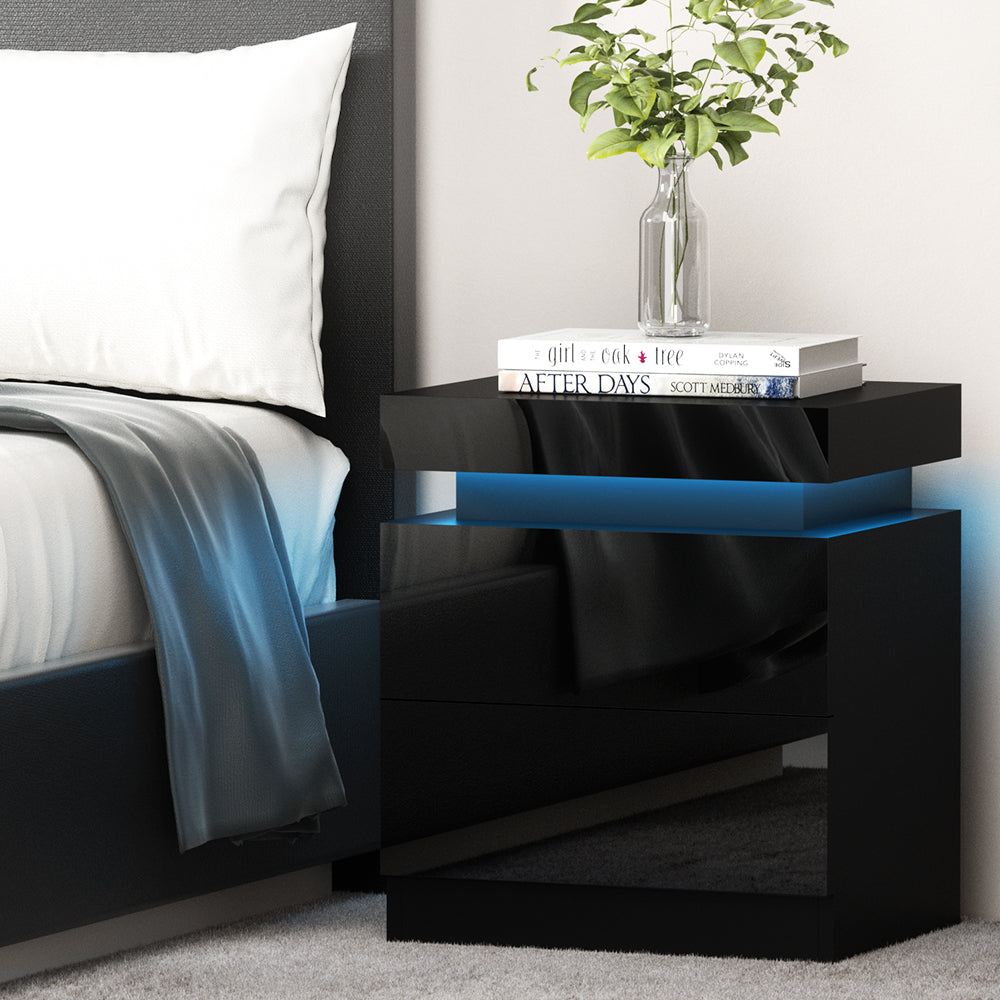 LED Bedside Table with 16-Colour Lighting &amp; Lift-Up Storage – Black UV Gloss - Greenora Living