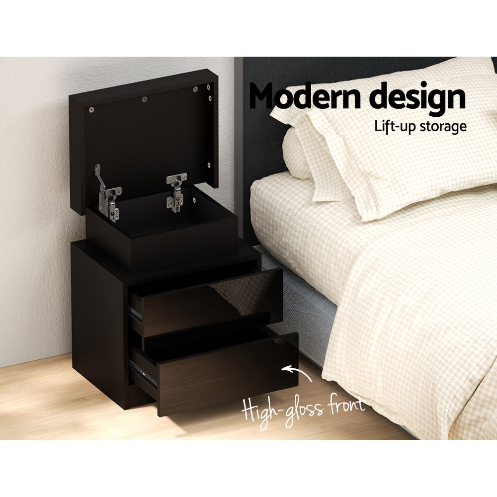 LED Bedside Table with 16-Colour Lighting &amp; Lift-Up Storage – Black UV Gloss - Greenora Living