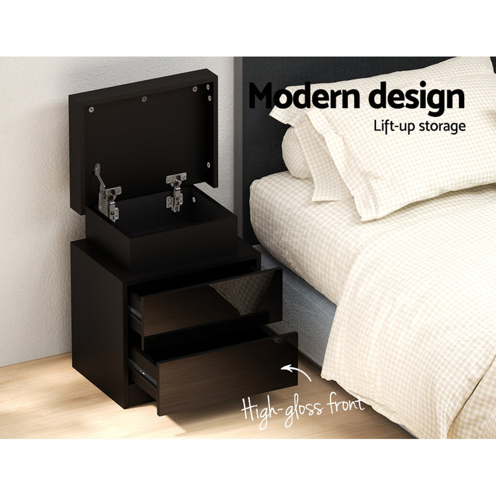 LED Bedside Table with 16-Colour Lighting &amp; Lift-Up Storage – Black UV Gloss - Greenora Living