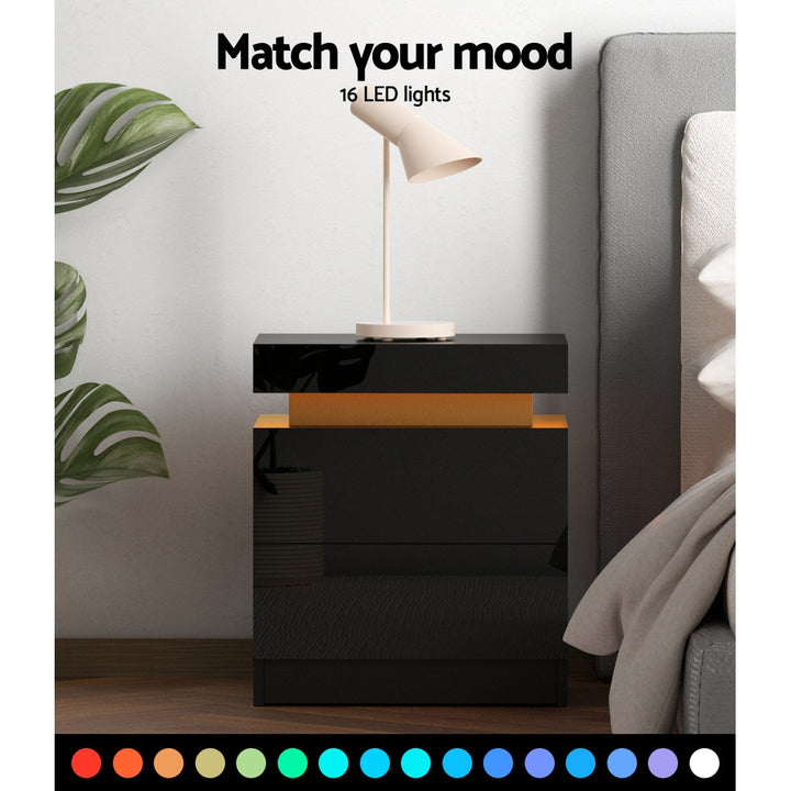 LED Bedside Table with 16-Colour Lighting &amp; Lift-Up Storage – Black UV Gloss - Greenora Living