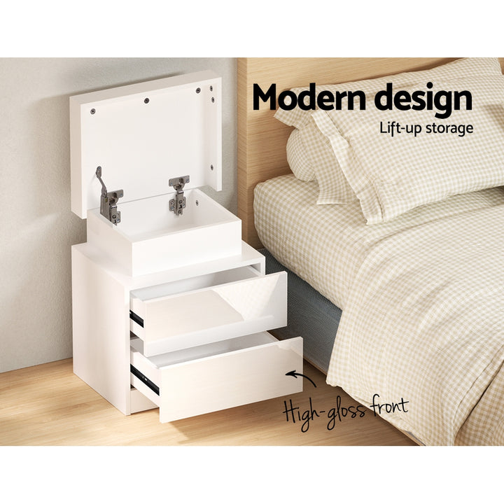 LED Bedside Table with 16-Colour Lighting &amp; Lift-Up Storage – White UV Gloss - Greenora Living