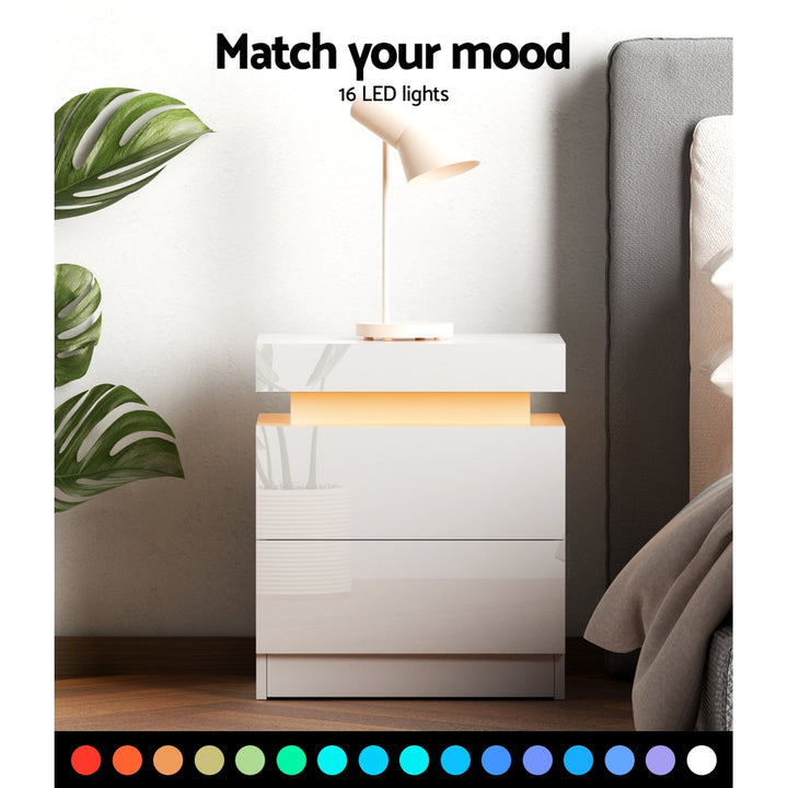 LED Bedside Table with 16-Colour Lighting &amp; Lift-Up Storage – White UV Gloss - Greenora Living