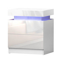 LED White Bedside Table | Built-In LED Lighting, USB Charging Port & Drawer | White | Greenora Living Australia