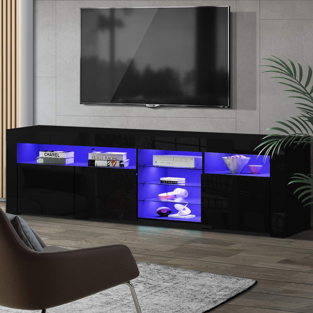 Black LED TV Entertainment Unit 180cm Push-Open Cabinets High Gloss | Greenora Living Australia
