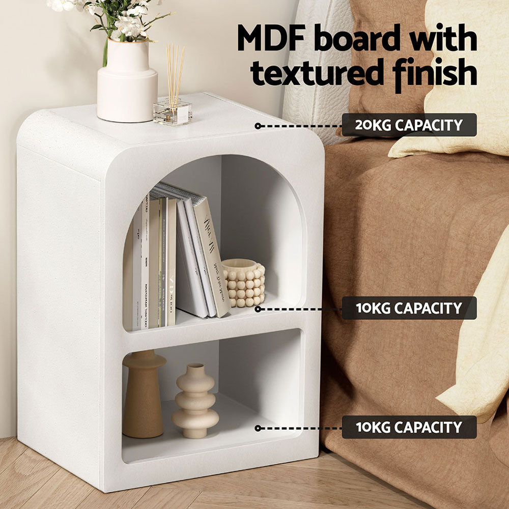 Mediterranean Arch Bedside Table – White Textured E1 MDF 2 Open Shelves - Greenora Living