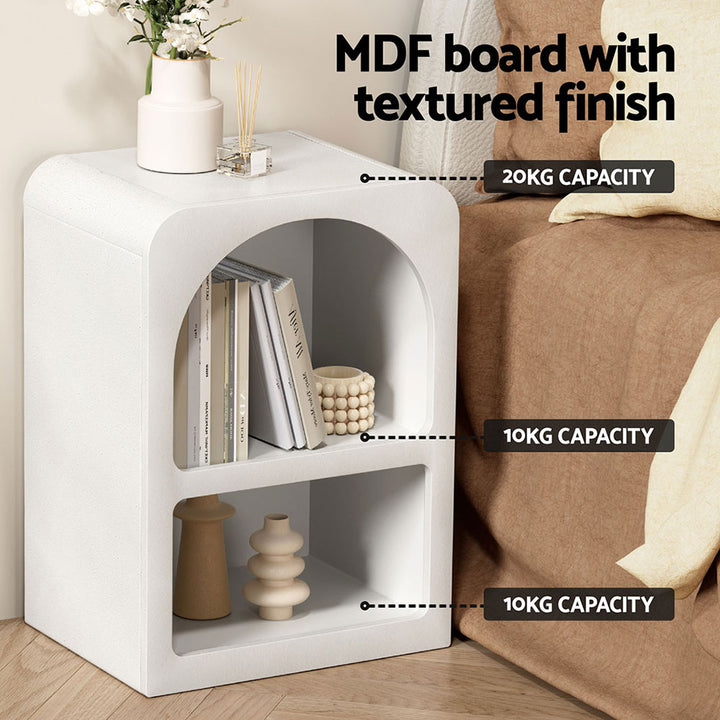 Mediterranean Arch Bedside Table – White Textured E1 MDF 2 Open Shelves - Greenora Living