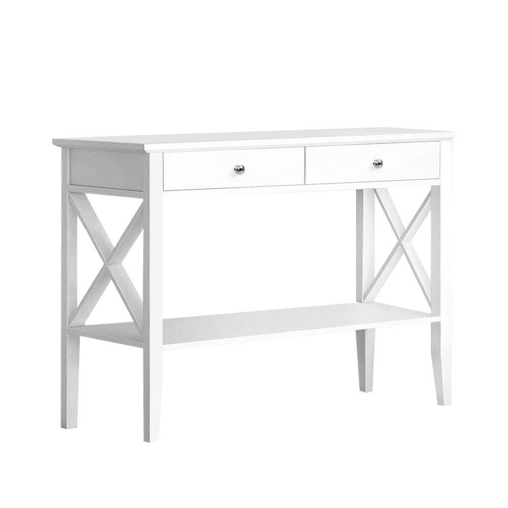 Chole White Console Table – 2 Drawers, Bottom Shelf, E1 MDF & Retro Metal Handles | NC Lacquer Finish | 100cm - Greenora Living