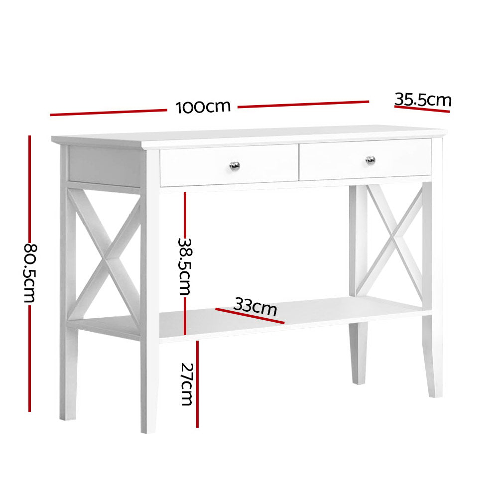 Chole White Console Table – 2 Drawers, Bottom Shelf, E1 MDF &amp; Retro Metal Handles | NC Lacquer Finish | 100cm - Greenora Living