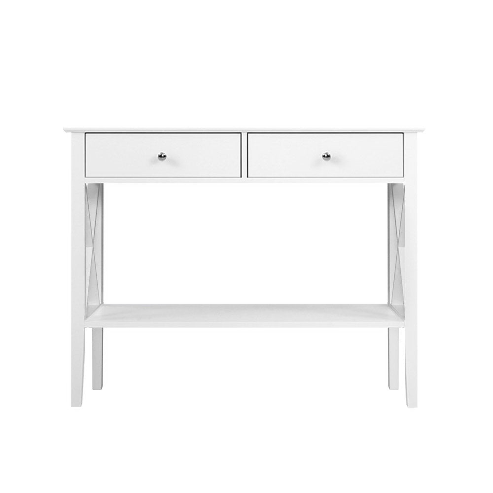 Chole White Console Table – 2 Drawers, Bottom Shelf, E1 MDF &amp; Retro Metal Handles | NC Lacquer Finish | 100cm - Greenora Living