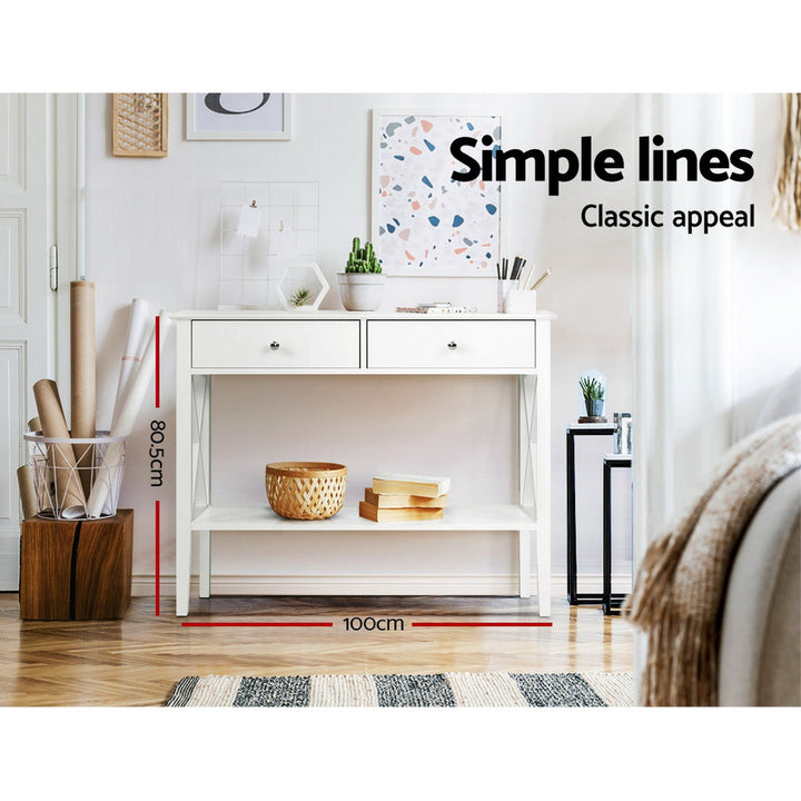 Chole White Console Table – 2 Drawers, Bottom Shelf, E1 MDF &amp; Retro Metal Handles | NC Lacquer Finish | 100cm - Greenora Living