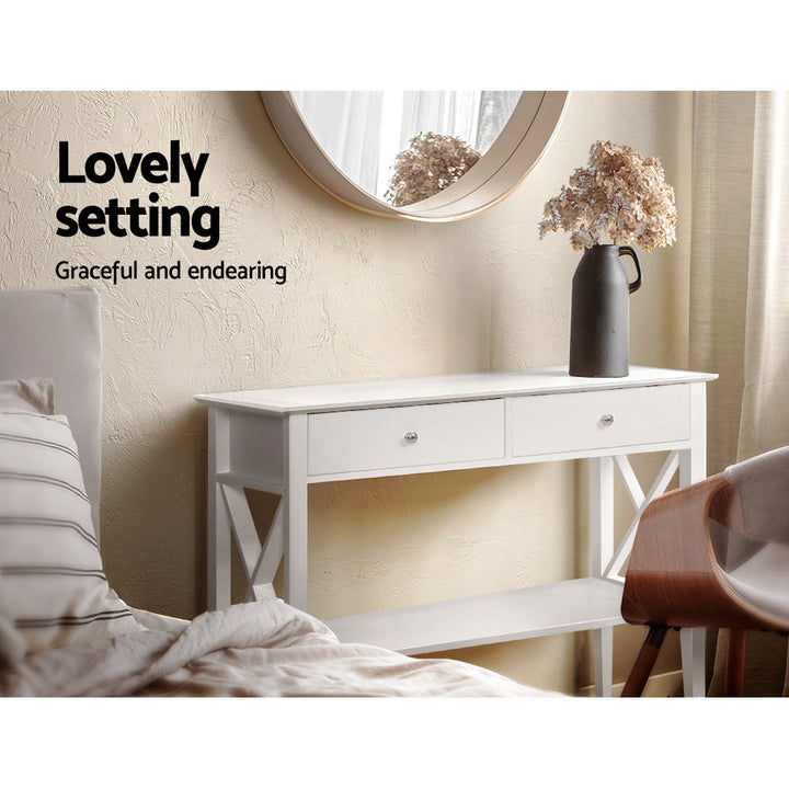 Chole White Console Table – 2 Drawers, Bottom Shelf, E1 MDF &amp; Retro Metal Handles | NC Lacquer Finish | 100cm - Greenora Living
