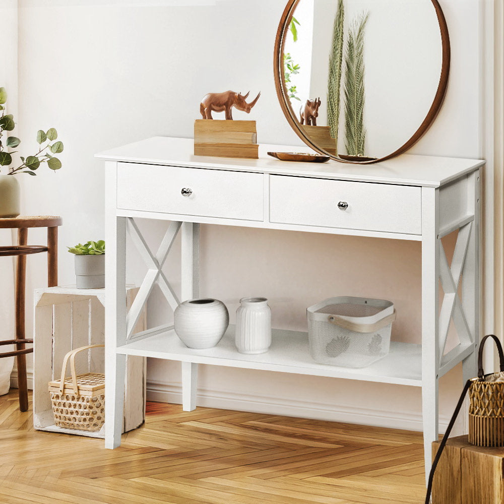 Chole White Console Table – 2 Drawers, Bottom Shelf, E1 MDF & Retro Metal Handles | NC Lacquer Finish | 100cm - Greenora Living