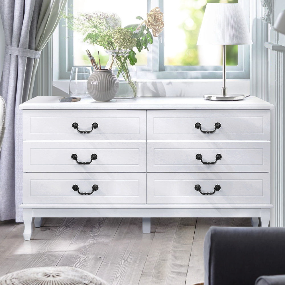 French Provincial 6-Drawer Lowboy – Vintage Steel Handles & Pine Legs | White MDF - Greenora Living