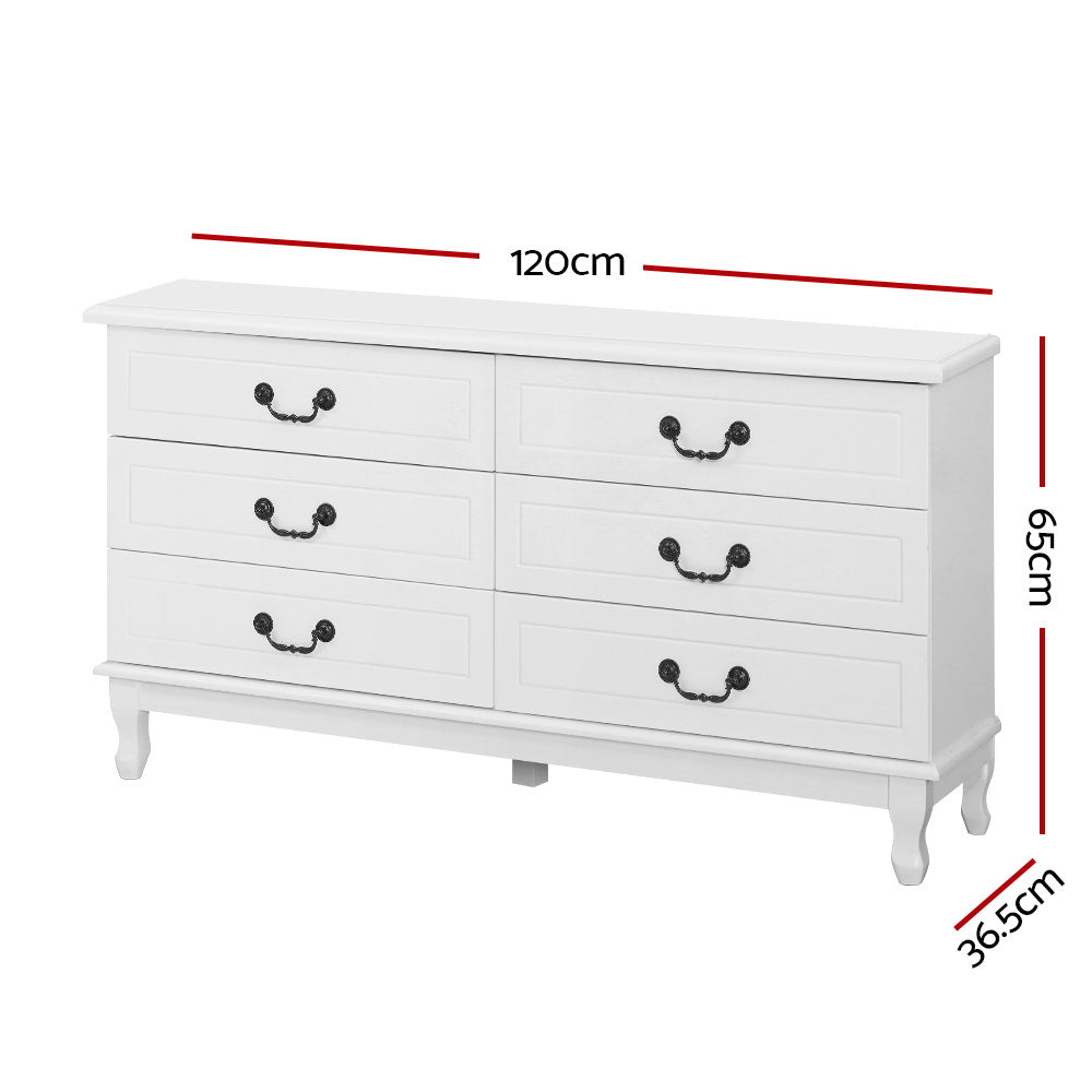 French Provincial 6-Drawer Lowboy – Vintage Steel Handles & Pine Legs | White MDF - Greenora Living