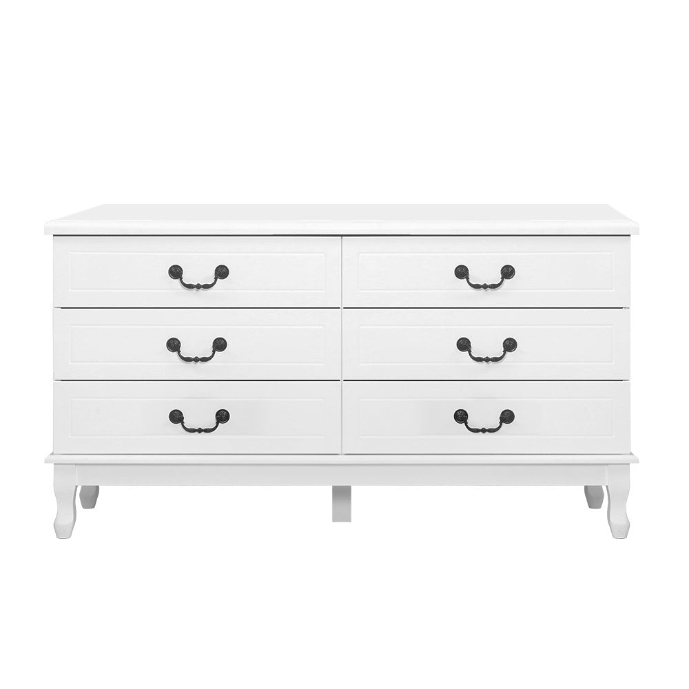 French Provincial 6-Drawer Lowboy – Vintage Steel Handles &amp; Pine Legs | White MDF - Greenora Living