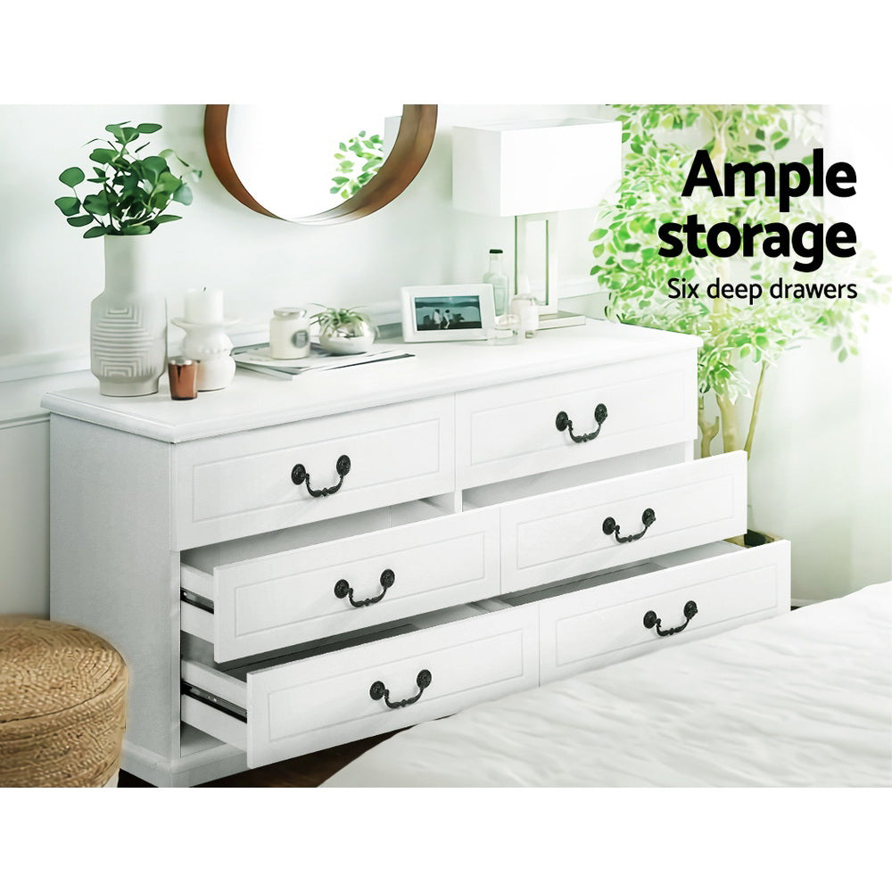 French Provincial 6-Drawer Lowboy – Vintage Steel Handles &amp; Pine Legs | White MDF - Greenora Living
