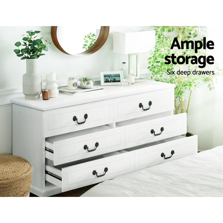 French Provincial 6-Drawer Lowboy – Vintage Steel Handles &amp; Pine Legs | White MDF - Greenora Living