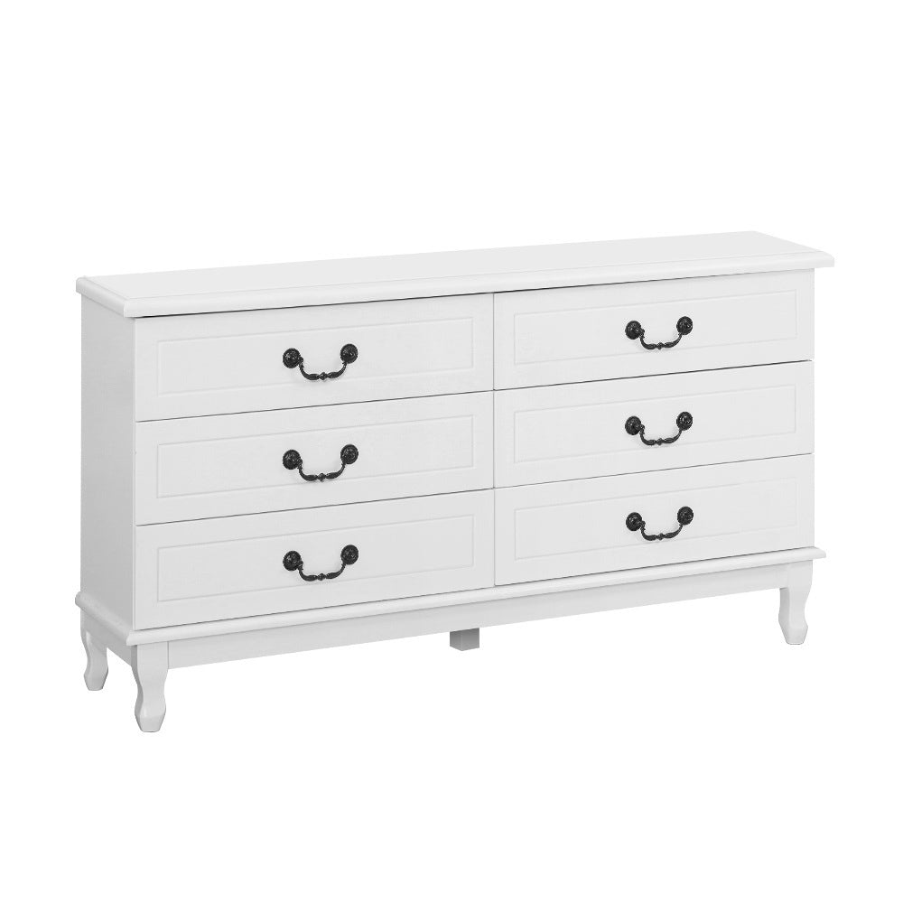 French Provincial 6-Drawer Lowboy – Vintage Steel Handles &amp; Pine Legs | White MDF - Greenora Living