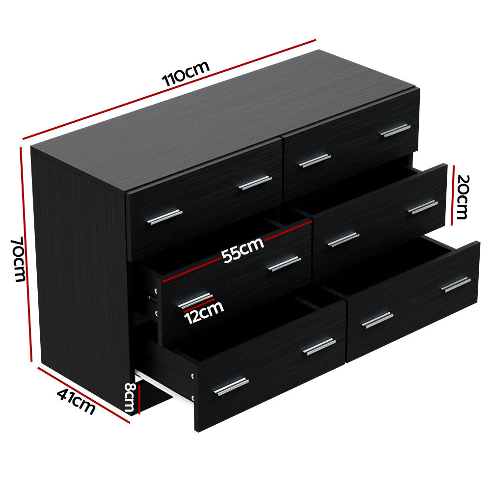 Modern Black 6-Drawer Lowboy Dresser – Melamine Finish &amp; Anti-Rust Runners | 15mm Particle Board - Greenora Living