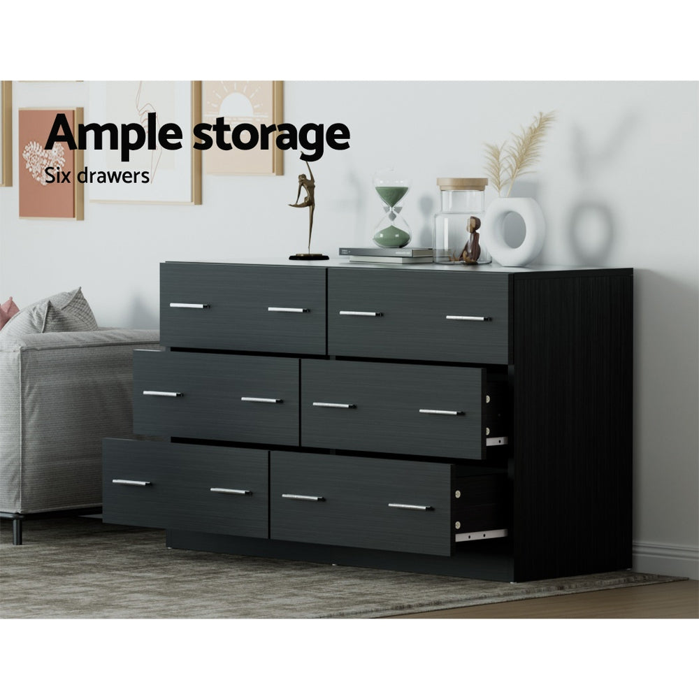 Modern Black 6-Drawer Lowboy Dresser – Melamine Finish &amp; Anti-Rust Runners | 15mm Particle Board - Greenora Living
