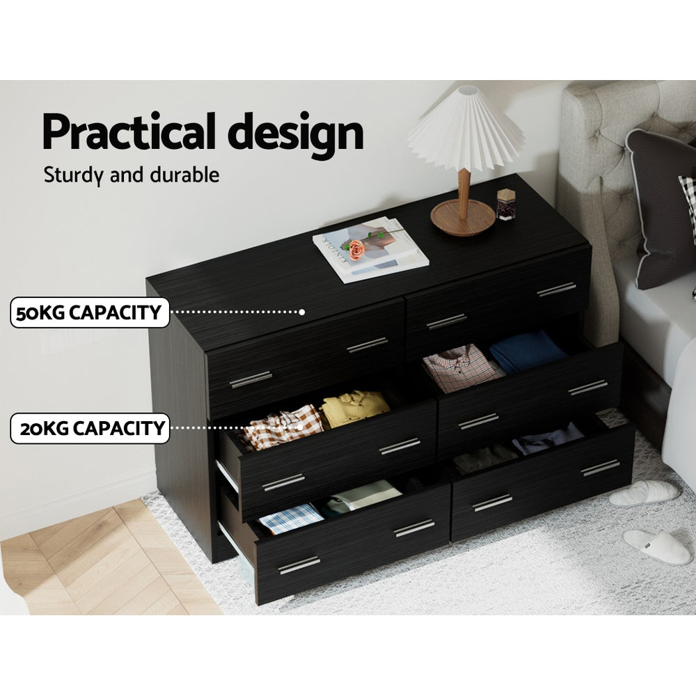 Modern Black 6-Drawer Lowboy Dresser – Melamine Finish &amp; Anti-Rust Runners | 15mm Particle Board - Greenora Living