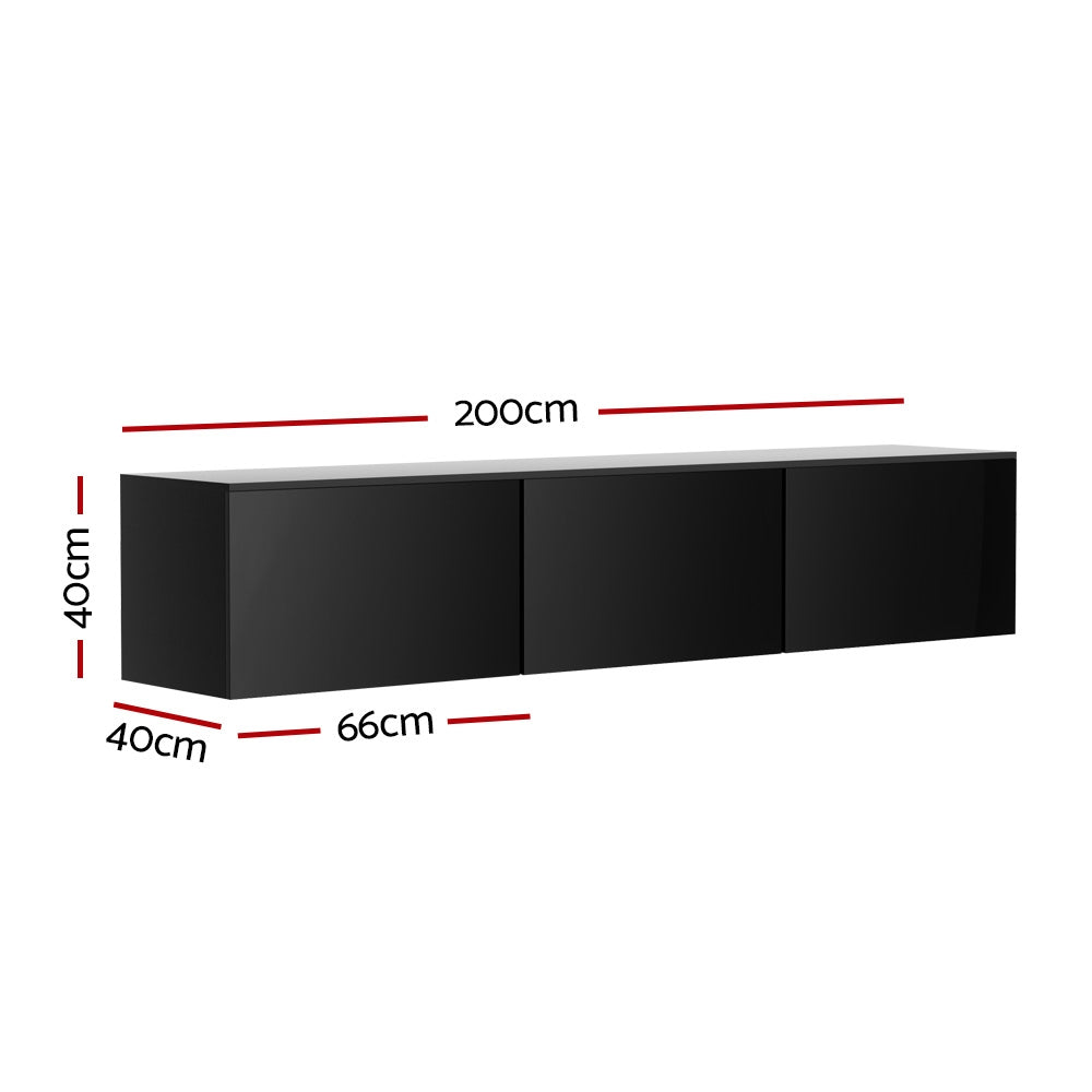Float Black TV Entertainment Unit – Wall-Mounted, 3 Fold-Out Cabinets &amp; High Gloss Finish | 200cm - Greenora Living