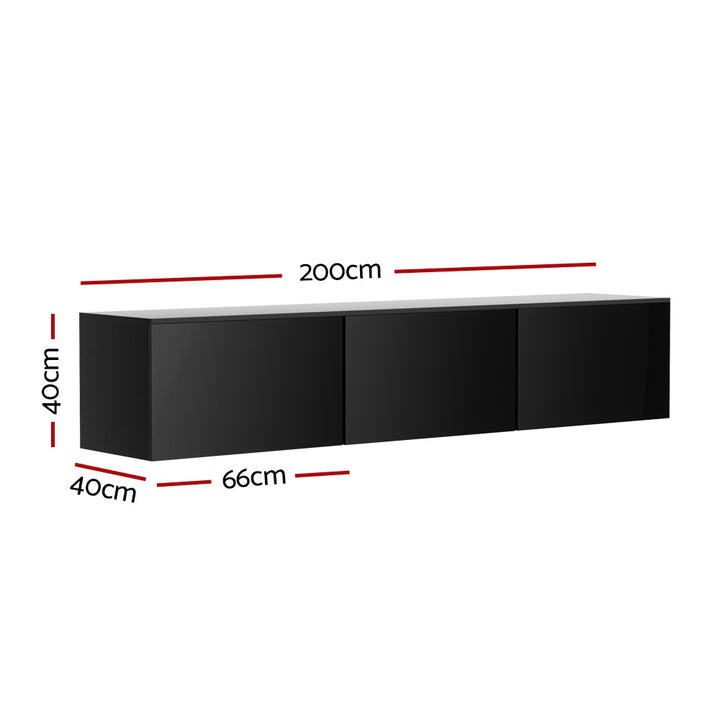 Float Black TV Entertainment Unit – Wall-Mounted, 3 Fold-Out Cabinets &amp; High Gloss Finish | 200cm - Greenora Living