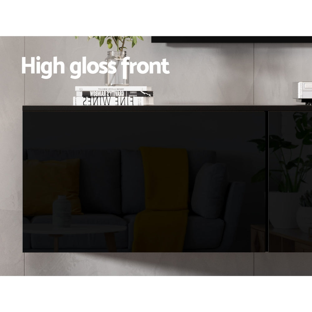Float Black TV Entertainment Unit – Wall-Mounted, 3 Fold-Out Cabinets &amp; High Gloss Finish | 200cm - Greenora Living