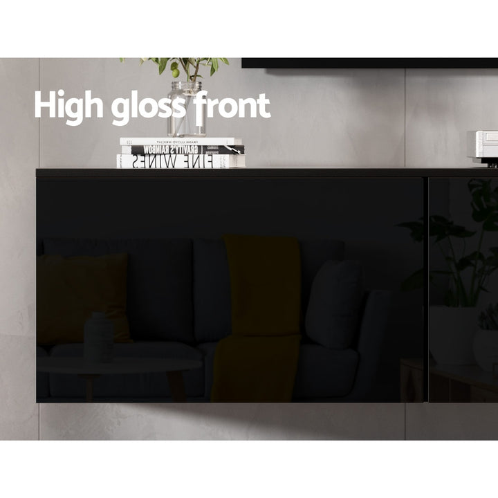 Float Black TV Entertainment Unit – Wall-Mounted, 3 Fold-Out Cabinets &amp; High Gloss Finish | 200cm - Greenora Living