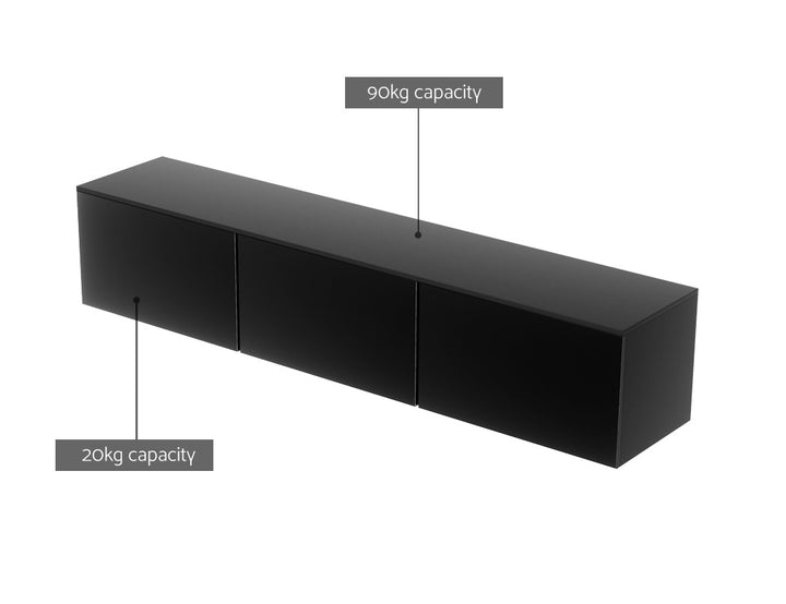 Float Black TV Entertainment Unit – Wall-Mounted, 3 Fold-Out Cabinets &amp; High Gloss Finish | 200cm - Greenora Living