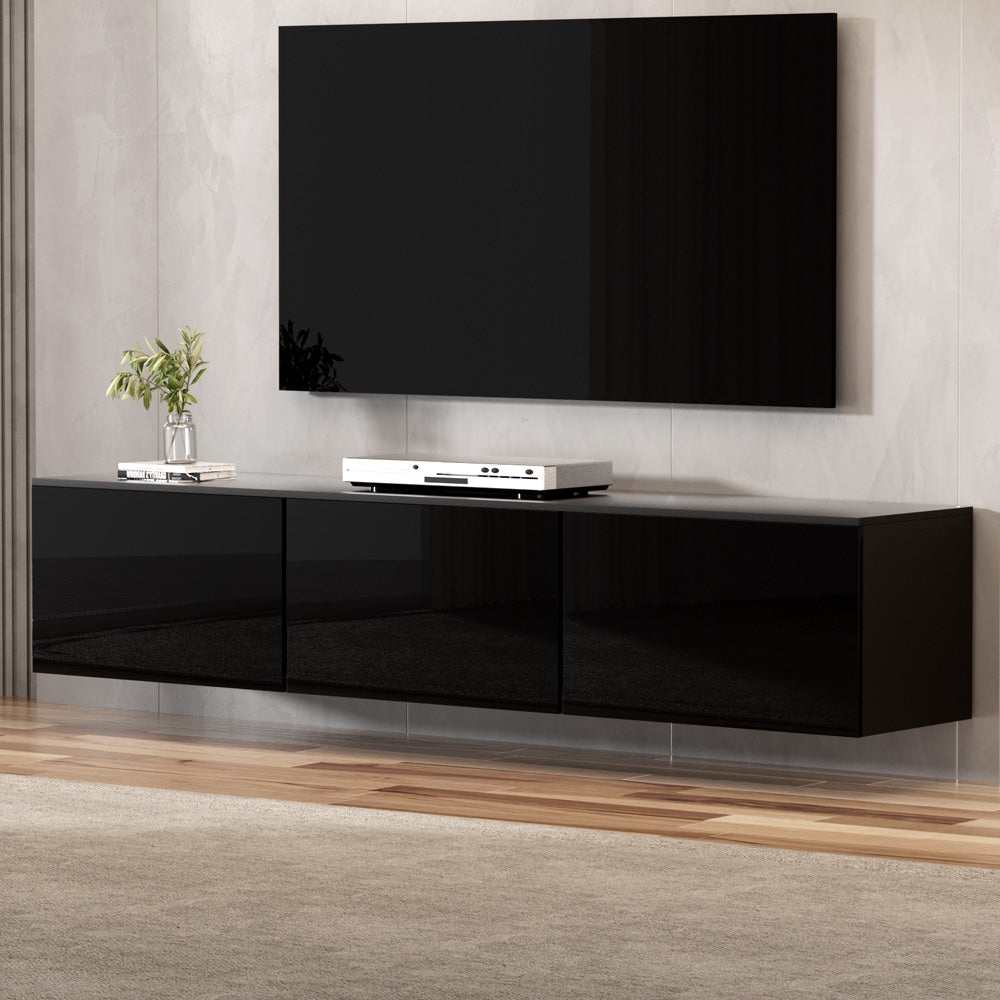 Float Black TV Entertainment Unit – Wall-Mounted, 3 Fold-Out Cabinets & High Gloss Finish | 200cm - Greenora Living