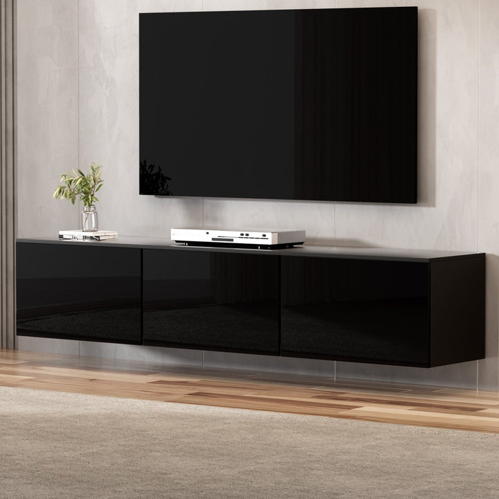 Float Black TV Entertainment Unit – Wall-Mounted, 3 Fold-Out Cabinets &amp; High Gloss Finish | 200cm - Greenora Living