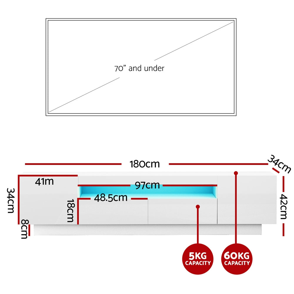 Radiant White RGB LED TV Entertainment Unit – 2 Cabinets, 2 Drawers &amp; High Gloss Finish | 180cm - Greenora Living