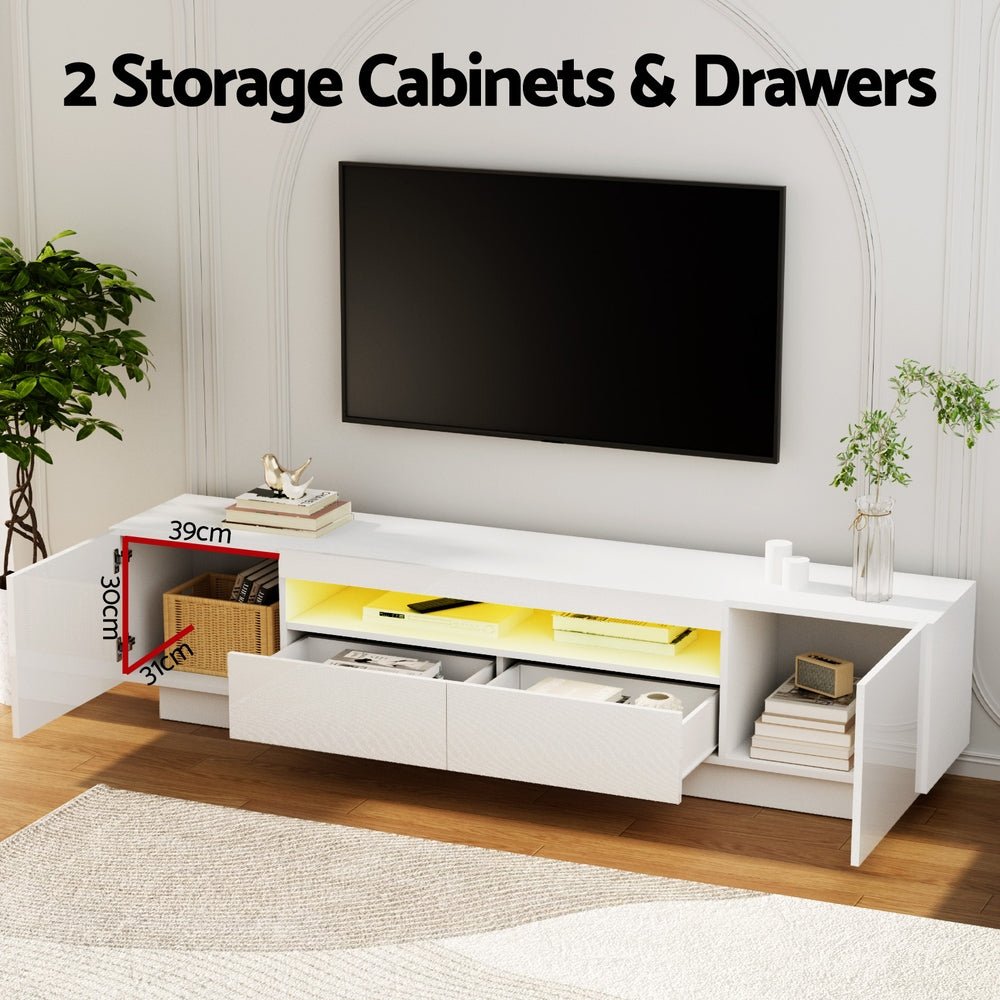 Radiant White RGB LED TV Entertainment Unit – 2 Cabinets, 2 Drawers & High Gloss Finish | 180cm - Greenora Living
