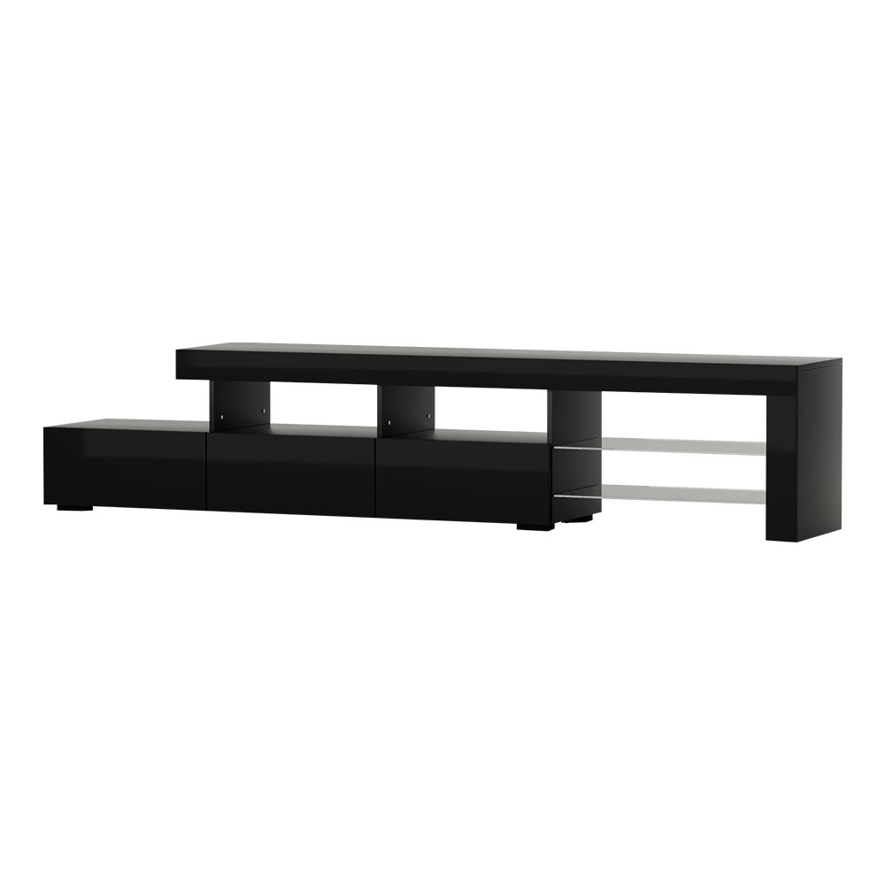 Caya Black RGB LED TV Entertainment Unit – Tempered Glass Shelves & UV High Gloss Finish | 215cm - Greenora Living