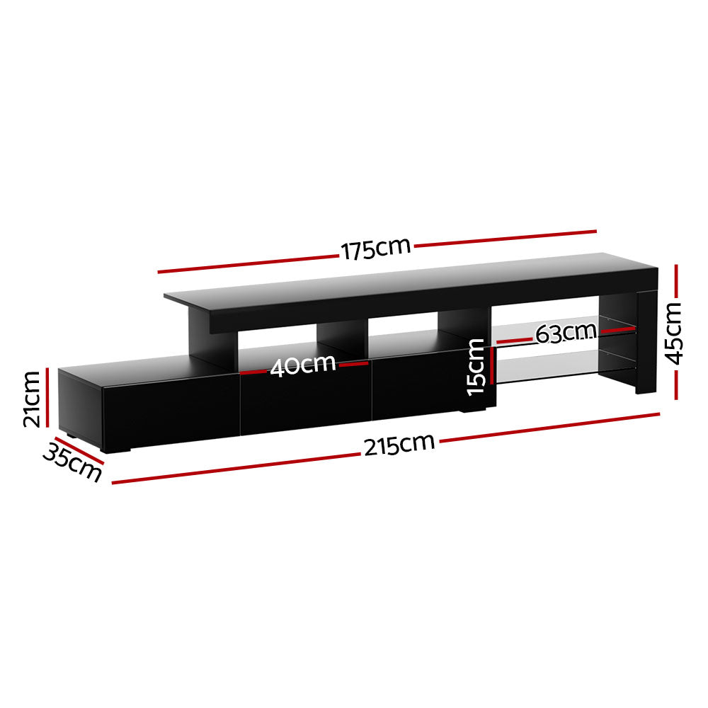 Caya Black RGB LED TV Entertainment Unit – Tempered Glass Shelves &amp; UV High Gloss Finish | 215cm - Greenora Living
