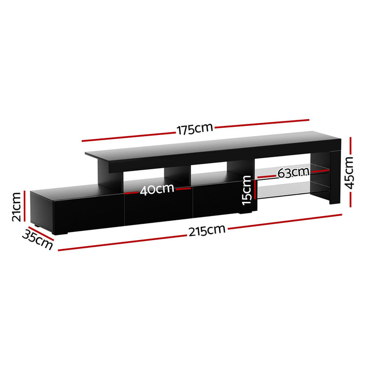 Caya Black RGB LED TV Entertainment Unit – Tempered Glass Shelves &amp; UV High Gloss Finish | 215cm - Greenora Living